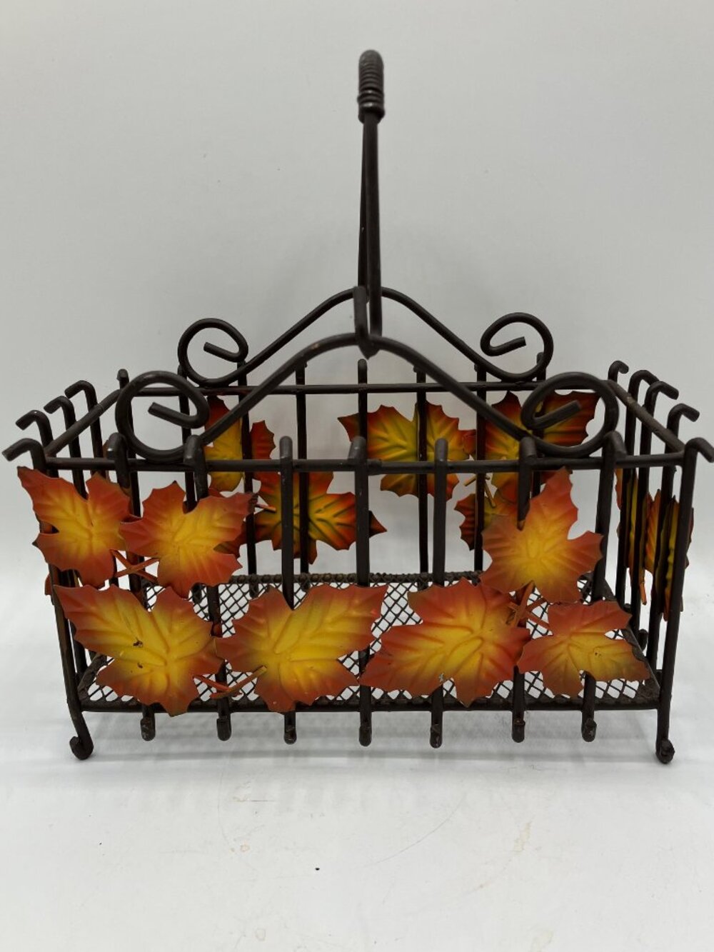 Autumn Themed Wire Basket with Handle Leaf Motif 8"H